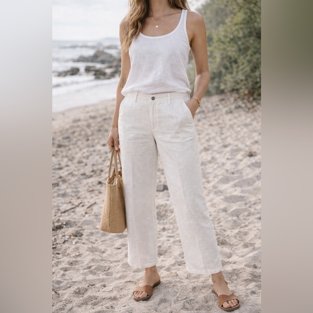 LANGMANCHE Women’s Linen Pants Beige 34x27 Coastal Beach Old Money Minimalist